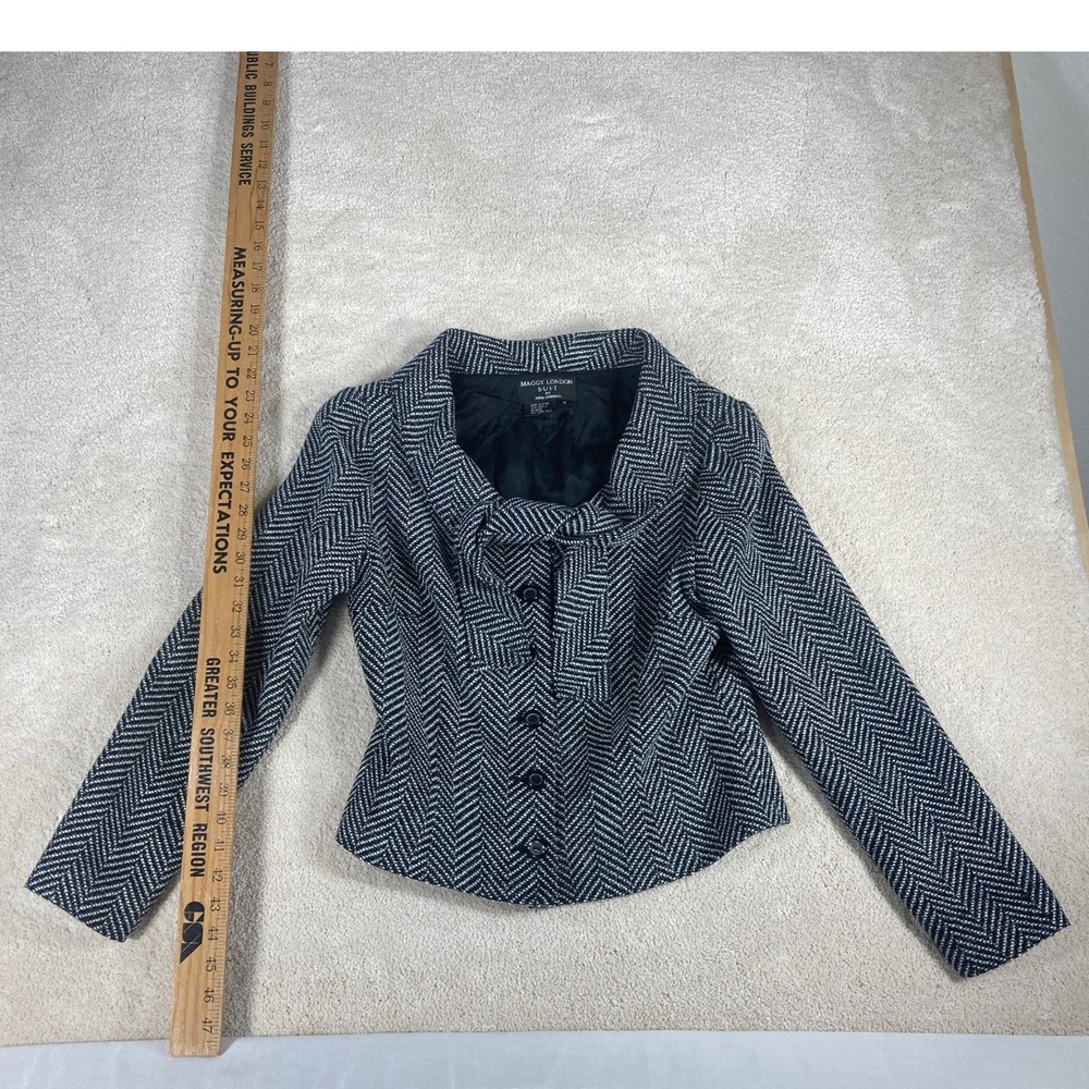 Maggy London Nina Leonard Herringbone Blazer Jacket Black/White Portrait Collar